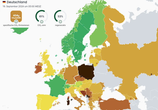 Grafiken: Aktueller CO2-Energieerzeugungswert für den Strom-Mix von Deutschland - 19. September 2024 / ©: Electricity Maps