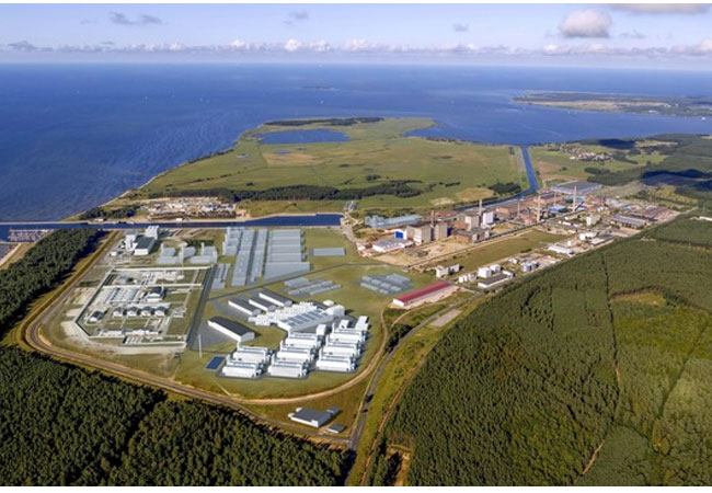 PB: Luftaufnahme mit Visualisierung vom Wasserstoff Hub in Lubmin mit geplanter PtX-Development-Großelektrolyseur-Anlage. ©: PtX Development 