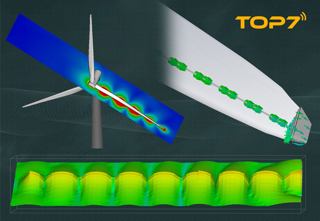 PB: Oben links: 3D-Vollwellensimulation, Oben rechts: Stromfluss am SMT einer Windkraftanlage, Unten: Messsignal in 7 m Flugdistanz eines LPS-Hauptableitersystems / ©: TOP seven GmbH & Co. KG