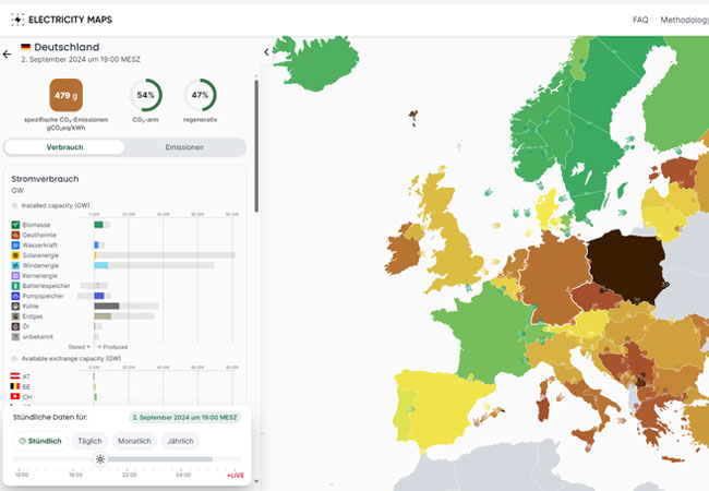 Förderungen von Klimaanpassungsmaßnahmen, weil Deutschland den meisten, dreckigsten und teuersten Strom in der EU erzeugt, 479g CO2 / aktuelles Bild vom 2. Sep. 2024 19 Uhr / Bild-Quelle: electricitymaps