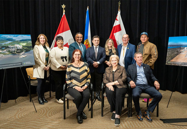 PB: EverWind Founder and CEO, Trent Vichie stands with Member of Parliament Mike Kelloway, Cape Breton - Canso, Chief Terry Paul, Membertou First Nation, Rose Paul, CEO Bayside Corporate Paqtnkek, and Isaiah Bernard representing Ptolotek First Nation along with municipal representatives at the announcement awarding EverWind with $22.5million from Transport Canada's Green Shipping Corridor Fund. / ©: EverWind Fuels