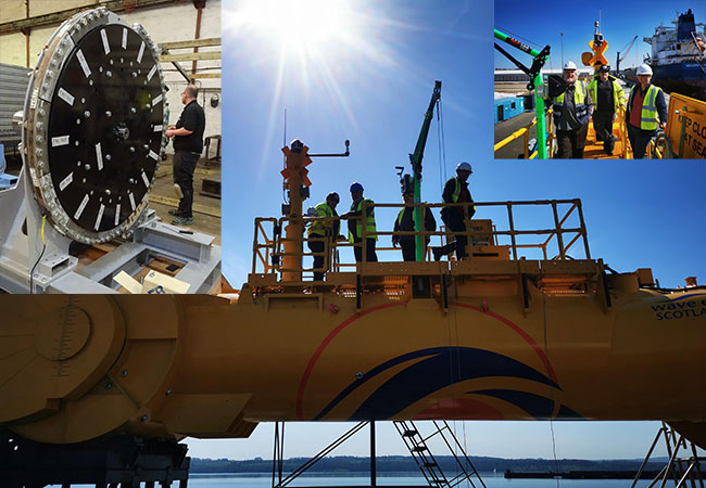 PB: Das CGEN-Team über den BlueX-Wellenkonverter von Mocean Energy. Bildnachweis: Mocean Energy / Das CGEN-Team v.l.n.r. Mike Galbraith, Joe Burchell, Markus Müller. BILDNACHWEIS: Mocean Energy / CGen-Beschlag