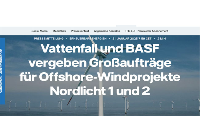 PB: Vattenfall und BASF vergeben Großaufträge für Offshore-Windprojekte Nordlicht 1 und 2