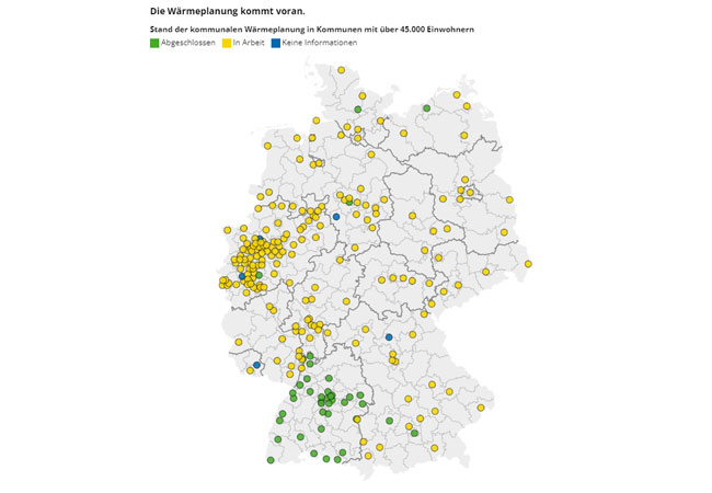 PB:  mit Hinweis: Bereits bestehende Landesgesetze zur Wärmeplanung, die nicht auf Basis des Wärmeplanungsgesetzes des Bundes erstellt wurden, schreiben noch keine Wärmeplanung für alle Kommunen vor. Daher wurde für die Darstellung in der Karte eine Grenze von 45.000 Einwohnern gewählt, die sich an der EU-Energieeffizienzrichtlinie orientiert.