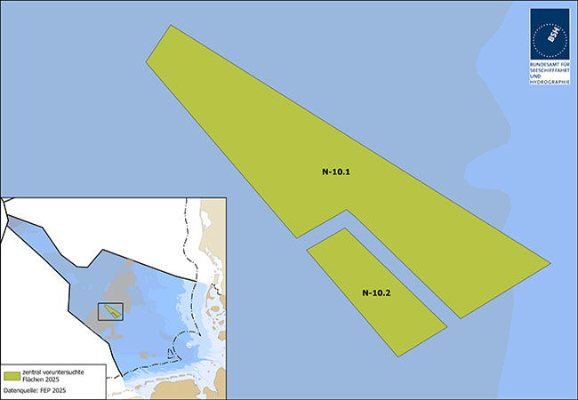 PB: Lage der Flächen N-10.1 und N-10.2 in der deutschen AWZ der Nordsee (Quelle: BSH)
