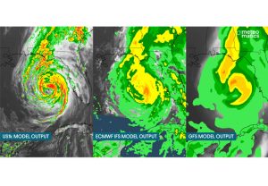 PB: MetX-Visualisierung von Niederschlagsprognosen während des Hurrikans Helene zum gleichen Zeitpunkt in verschiedenen Modellen: US1k von Meteomatics (links, Auflösung: 1 km), ECMWF (mitte, Auflösung: 9 km) und GFS (rechts, Auflösung: 28 km) (Bild: Meteomatics)