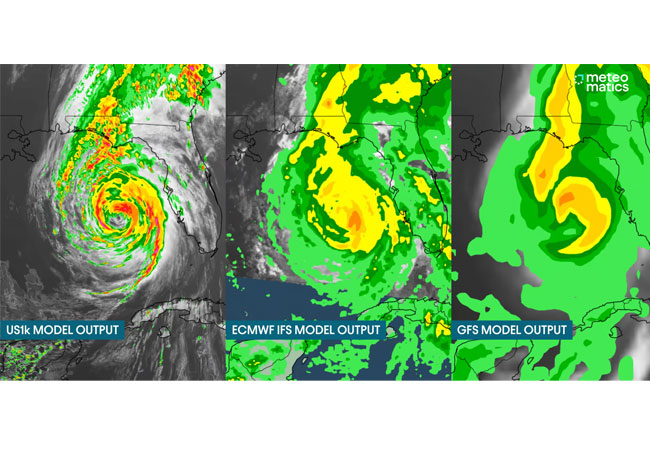 PB: MetX-Visualisierung von Niederschlagsprognosen während des Hurrikans Helene zum gleichen Zeitpunkt in verschiedenen Modellen: US1k von Meteomatics (links, Auflösung: 1 km), ECMWF (mitte, Auflösung: 9 km) und GFS (rechts, Auflösung: 28 km) (Bild: Meteomatics)