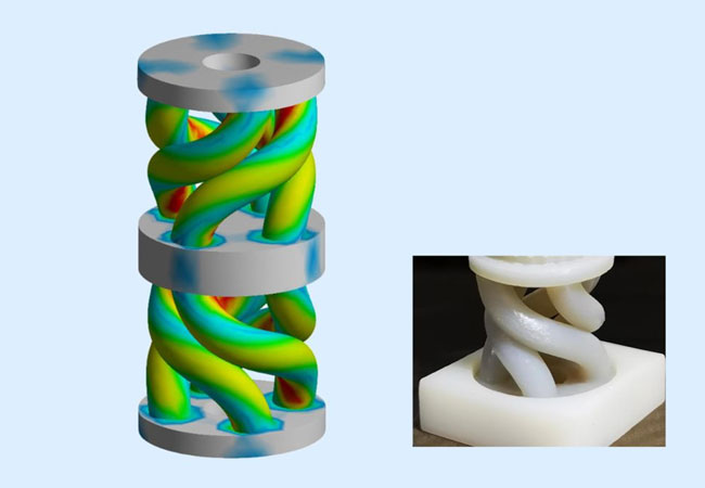 PB: Das Modell zeigt die spiralförmige Verformung des Metamaterials. Dank dieses Mechanismus lässt sich eine große Menge Energie speichern, ohne dass es zu Brüchen kommt. (Abbildungen: IAM, KIT / Collage: Anja Sefrin, KIT) 