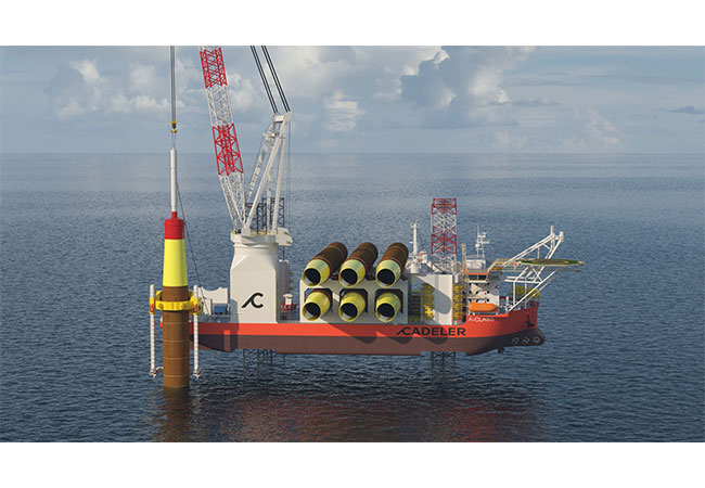 PB: Artist’s impression of an A-Class hybrid WTIV performing wind turbine foundation piling. / Credit: Photo: Cadeler