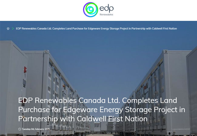 PB: EDP Renewables Canada Ltd. Completes Land Purchase for Edgeware Energy Storage Project in Partnership with Caldwell First Nation / ©: EDP