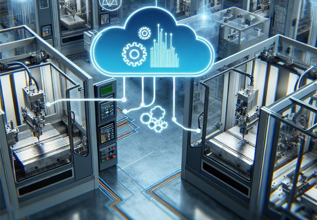 PB: ECC4P überwacht und steuert den Produktionsprozess zentral und visualisiert die Daten in Echtzeit auf einem Monitor. Die Kombination aus Maschinensteuerung, Sensorsystem, Edge Device mit KI-Analysemodul und Cloud-Anbindung bildet das Herzstück der Lösung. Mehrere grafische Benutzeroberflächen stellen eine detaillierte Modell- und Datenübersicht bereit und ermöglichen Interaktion zwischen Edge und Cloud. / © IWU / Dall-E3