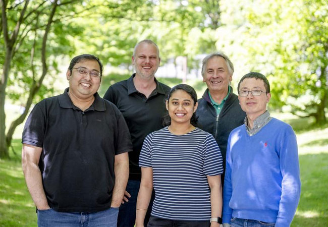 PB: Das Bochumer Forschungsteam: Chamcam Kumar Das, Lars Schäfer, Subhasri Gosh, Thomas Happe und Jifu Duan (von links). / ©: RUB, Marquard