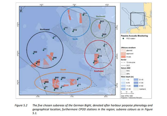 PB: The five chosen subareas of the German Bight, denoted after harbour porpoise phenology and geographical location; furthermore CPOD stations in the region; subarea colours as in Figure 5.1. / ©: BWO_Studie-Harbour-porpoise-trends-and-offshore-wind-farm-effects-in-the-German-Bight-North-Sea