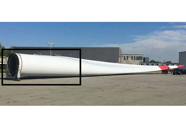 PB: Kleine Optimierung, große Wirkung: Ein Team der FH Kiel hat den im Bild markierten Teil eines Rotorblatts von Offshore-Windrädern effizienter designt. Durch eine solche Leistungssteigerung allein könnten zahlreiche zusätzliche Haushalte mit nachhaltigem Strom versorgt werden. Die Deutsche Bundesstiftung Umwelt (DBU) hat das Projekt gefördert. / Foto: ©: Alois Schaffarczyk/FH Kiel 