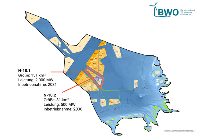 PB: Am 1. August endet die Frist zur Gebotsabgabe für die Offshore-Windflächen N-10.1 und N-10.2 mit einer geplanten Leistung von 2.500 Megawatt. / ©: BWO