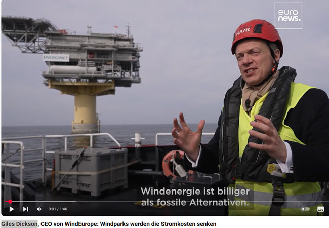 Videobild: Giles Dickson, CEO von WindEurope: Windparks werden die Stromkosten senken / ©: euronews