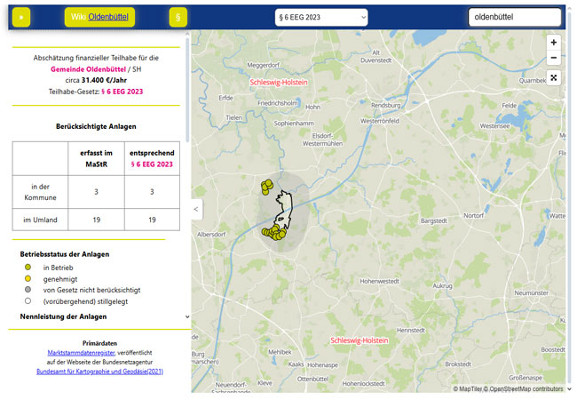 PB: Fachagentur Wind und Solar erstellt interaktive Karte für finanzielle Teilhabe von Kommunen / © MapTiler © OpenStreetMap contributors