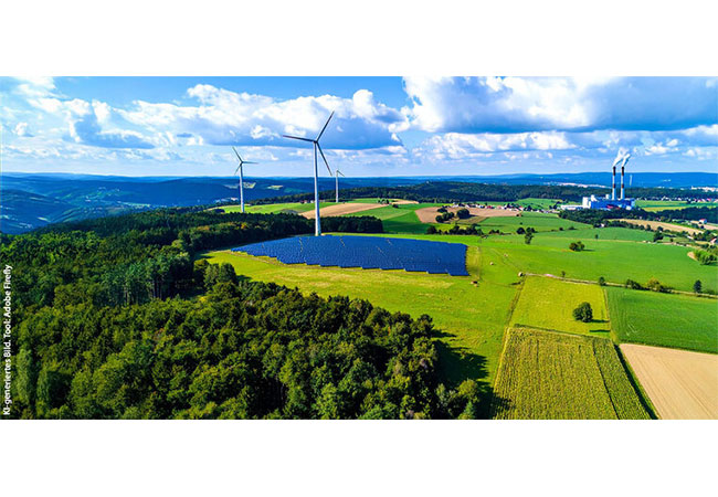 PB: Blick in eine grüne Idyllen-Landschaft mit Windrädern und Solaranlagen