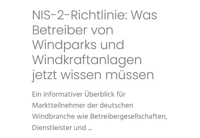 PB: NIS-2-Richtlinie: Was Betreiber von Windparks und Windkraftanlagen jetzt wissen müssen / ©: wind-turbine.com GmbH