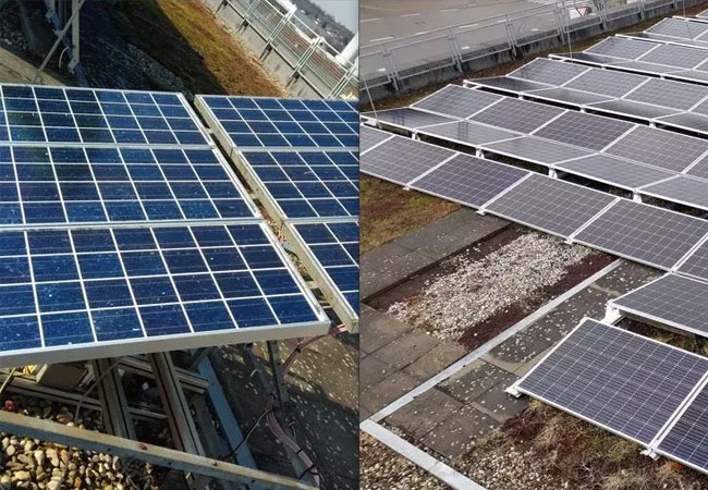 PB: Vorher/Nachher: Eine kleinere Anlage mit wenigen, einzeln aufgeständerten Modulen wurde nach 14 Jahren erweitert, um die gesamte Dachfläche zu nutzen. Foto: Teckwerke Bürgerenergie eG / Kirchheim.