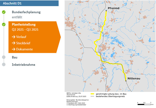 PB: Verlauf - Die Trasse ist dieselbe, die für den Abschnitt D1 des Vorhabens 5 beantragt wurde. Sie beginnt westlich von Pfreimd und verläuft in Richtung Süden mit einem leichten Versatz nach Westen. Hierbei verläuft sie westlich an Stulln und Schwarzen­feld vorbei. Bevor sie die Höhe Schwandorf erreicht, knickt sie nach Westen ab. Von dort verläuft sie südöstlich weiter an Fischbach vorbei bis auf die Höhe von Katzdorf. Von Katzdorf nimmt die Trasse die östliche Richtung bis Kaspeltshub und knickt hier wieder südlich ab. Hierbei verläuft sie westlich an Nittenau vorbei und endet westlich von Goppeltshof.