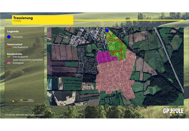 PB: Das sind geplanten Bauabschnitte, der Trassenverlauf sowie der Standort der Heizzentrale für das Nahwärmenetz in Schuby. / ©: GP JOULE