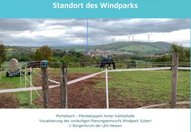 PB: Michelbach - Pferdekoppeln hinter Kahltalhalle Visualisierung des vorläufigen Planungsentwurfs Windpark Sülzert © Bürgerforum der LEA Hessen