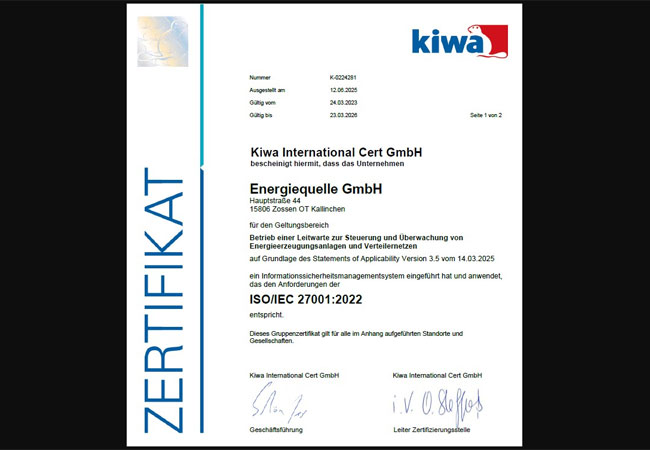 PB: Zertifikat ISO/IEC 27001:2022 / ©: Energiequelle