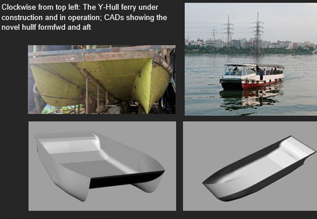 PB: Clockwise from top left: The Y-Hull ferry under construction and in operation; CADs showing the novel hull form fwd and aft