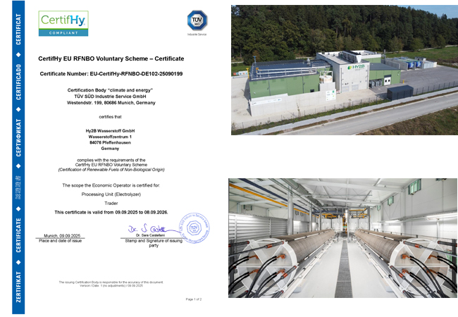 PB: Zertifikat EU-CertifHy-RFNBO der Hy2B für die Produktion und Lieferung von grünem RFNBOWasserstoff / zwei Bilder: Elektrolyseuranlage_Hy2B_Pfeffenhausen / ©: Hy2B 