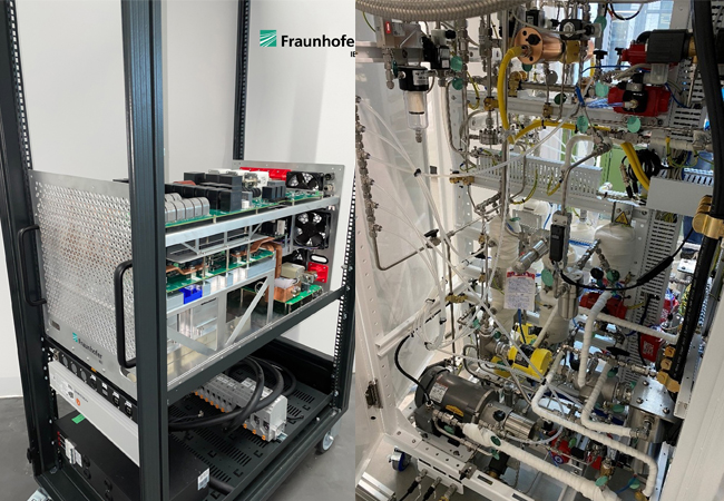 PB: li.: Prototyp des innovativen, kompakten und netzdienlichen Elektrolyse-Gleichrichters wurde durch das Fraunhofer IEE und die Hochschule Bonn-Rhein-Sieg entwickelt. Er hat eine Leistung von 200 kVA und eine gravimetrische Leistungsdichte von 2,1 kW/kg. / ©: Fraunhofer IEE - re.: © Greenlight Innovation Corp., Kanada - Innenansicht des Elektrolyseur-Teststandes.