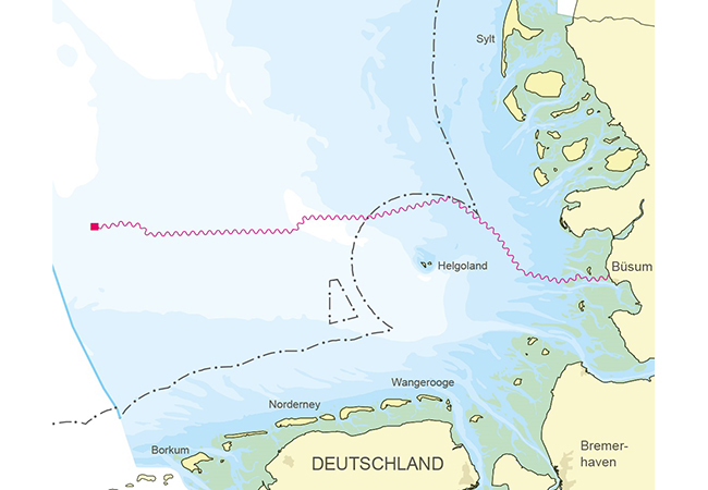PB: Nordwestlich von Norderney: Die Lage von Nordlicht I in der Nordsee (rotes Quadrat) sowie das Kabel / ©: BSH