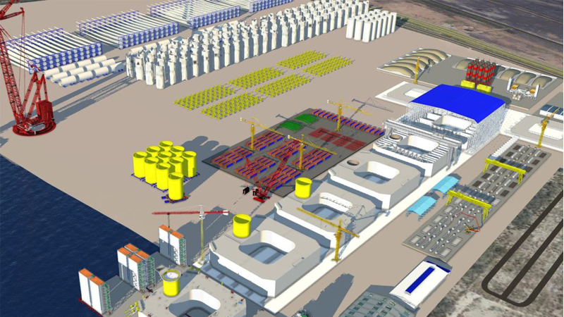 PB: Illustration einer Fertigungslinie für schwimmende Betonfundamente von BW Ideol; Bildnachweis: BW Ideol