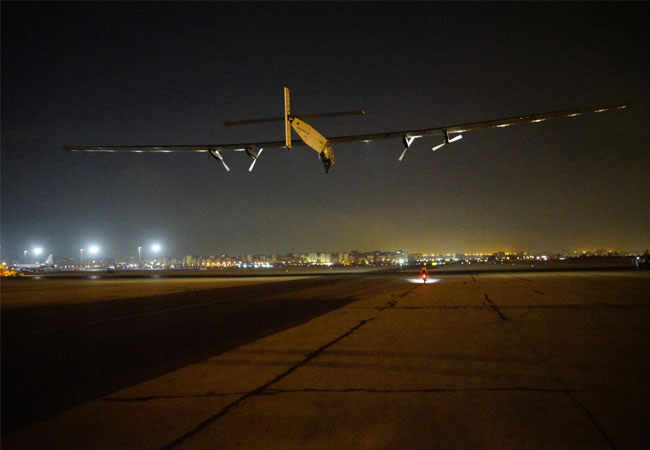 Solar Impulse taking off from Cairo for the last flight of the Round-The-World mission