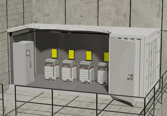 © Foto Fraunhofer UMSICHT Konzeptstudie zum geplanten Redox-Flow-Batteriespeicher. Aufstellung in Containerbauweise in der Fertigungshalle des Projektpartners Technoboxx GmbH & Co. KG in Bottrop.